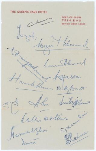 Pakistan tour to West Indies 1957/58. Page on The Queen&rsquo;s Park Hotel, Port of Spain, Trinidad official letterhead, signed in ink by sixteen members of the Pakistan touring party. Signatures include Kardar (Captain), Fazal Mahmood, Wazir Mohammad, Hanif Mo