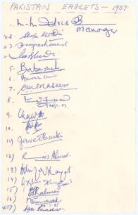 Pakistan Eaglets tour to England 1957. Page nicely signed in ink by seventeen members of the Pakistan Eaglets touring party. Signatures include a good number of players who went on to represent Pakistan at Test level including Hanif Mohammad (55 Tests 195
