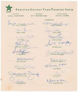 Pakistan tour to India 1960/61. Rare official autograph sheet with printed title, &lsquo;Pakistan Cricket Team Touring India&rsquo; and players&rsquo; names. Fully signed in ink by all eighteen listed members of the Pakistan touring party. Signatures include Fazal Mahmood,
