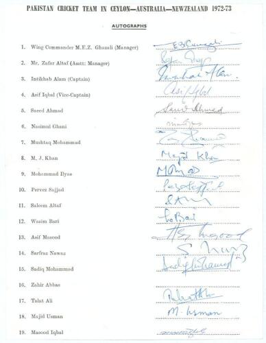 Pakistan tour to Ceylon, Australia and New Zealand 1972/73. Rare official autograph sheet with printed title and players&rsquo; names, signed in ink by eighteen listed members of the touring party. Signatures are Intikhab Alam (Captain), Asif Iqbal, Saeed Ahmed
