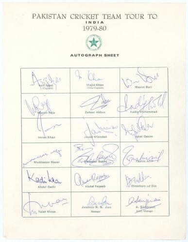 Pakistan tour to India 1979/80. Rarer official autograph sheet with printed title and players&rsquo; names, fully signed in ink by all eighteen of the listed members of the touring party. Signatures are Asif Iqbal (Captain), Majid Khan, Wasim Bari, Wasim Raja, 