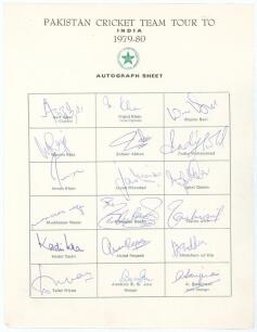 Pakistan tour to India 1979/80. Rarer official autograph sheet with printed title and players&rsquo; names, fully signed in ink by all eighteen of the listed members of the touring party. Signatures are Asif Iqbal (Captain), Majid Khan, Wasim Bari, Wasim Raja, 