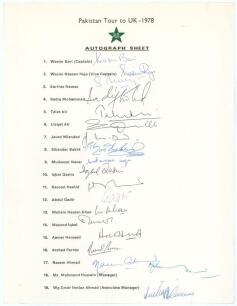 Pakistan tour to England 1978. Official autograph sheet with printed title and players&rsquo; names, fully signed in different coloured inks by all nineteen listed members of the touring party. Signatures are Wasim Bari (Captain), Wasim Raja, Sarfraz Nawaz, Sad