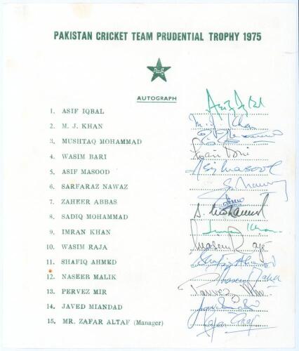 Pakistan team for the Prudential World Cup, England 1975. Official autograph sheet with printed title and players&rsquo; names, fully signed in different coloured inks by all fifteen of the listed members of the touring party. Signatures are Asif Iqbal (Captain