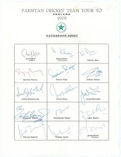 Pakistan tour to England 1979. Official autograph sheet with printed title and players&rsquo; names, fully signed in different coloured inks by all fifteen listed members of the touring party. Signatures are Asif Iqbal (Captain), Majid Khan, Wasim Bari, Sarfraz