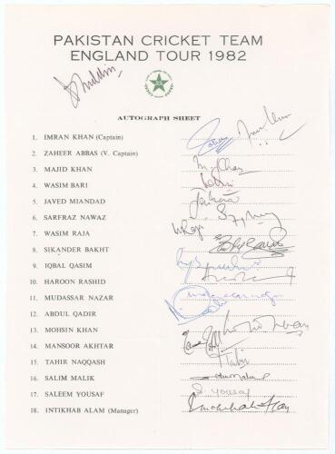 Pakistan tour to England 1982. Official autograph sheet with printed title and players&rsquo; names, fully signed in ink by all eighteen of the listed members of the touring party. Signatures are Imran Khan (Captain), Zaheer Abbas, Majid Khan, Wasim Bari, Javed