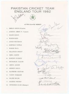 Pakistan tour to England 1982. Official autograph sheet with printed title and players&rsquo; names, fully signed in ink by all eighteen of the listed members of the touring party. Signatures are Imran Khan (Captain), Zaheer Abbas, Majid Khan, Wasim Bari, Javed