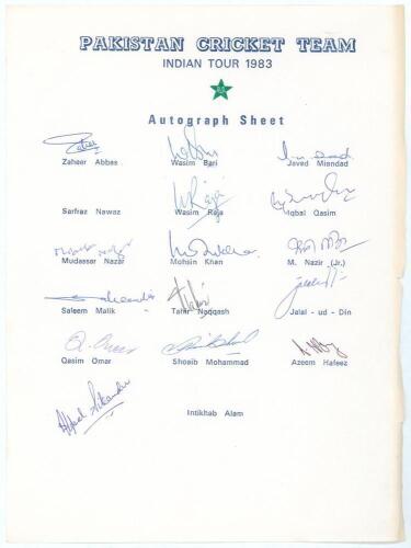 Pakistan tour to India 1983. Rarer official autograph sheet with printed title and players&rsquo; names, signed in ink by thirteen of the listed members of the touring party and one other. Signatures are Zaheer Abbas (Captain), Wasim Bari, Javed Miandad, Wasim 