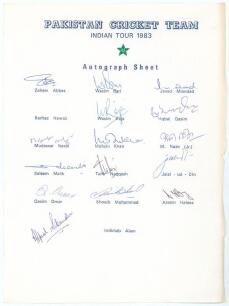 Pakistan tour to India 1983. Rarer official autograph sheet with printed title and players&rsquo; names, signed in ink by thirteen of the listed members of the touring party and one other. Signatures are Zaheer Abbas (Captain), Wasim Bari, Javed Miandad, Wasim 