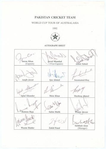 Pakistan World Cup tour to Australasia 1992. Official autograph sheet with printed title and players&rsquo; names, fully signed in ink by all fifteen listed members of the touring party. Signatures are Imran Khan (Captain), Javed Miandad, Aamir Sohail, Aaqib Ja