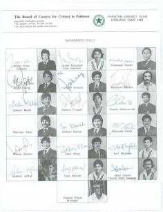 Pakistan tour to England 1987. Official autograph sheet with printed title and players&rsquo; names and images, signed in ink by seventeen listed members of the touring party. Signatures are Imran Khan (Captain), Javed Miandad, Mudassar Nazar, Abdul Qadir, Taus