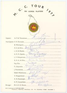 Sri Lanka v M.C.C. 1976/77. Official autograph card with colour Sri Lanka emblem, printed title &lsquo;M.C.C. Tour 1977 Sri Lanka Players&rsquo; and players&rsquo; names, fully signed in ink by all sixteen listed members of the Sri Lanka team. Signatures are Tennekoon (Cap