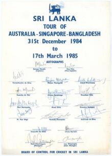 Sri Lanka tour to Australia, Singapore and Bangladesh 1984/85. Large official autograph sheet with printed title and players&rsquo; names, fully signed in ink by all eighteen listed members of the Sri Lanka touring party. Players&rsquo; signatures are Mendis (Captain