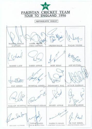 Pakistan tour to England 1996. Official autograph sheet with printed title and players&rsquo; names, fully signed by all twenty members of the touring party. Players&rsquo; signatures are Wasim Akram, Aamir Sohail, Saleem Malik, Waqar Younis, Rashid Latif, Saeed Anwa