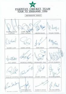 Pakistan tour to England 1996. Official autograph sheet with printed title and players&rsquo; names, fully signed by all twenty members of the touring party. Players&rsquo; signatures are Wasim Akram, Aamir Sohail, Saleem Malik, Waqar Younis, Rashid Latif, Saeed Anwa