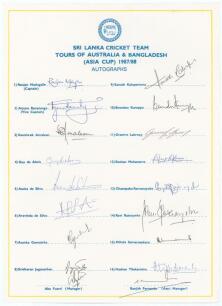 Sri Lanka tours to Australia and Bangladesh (Asia Cup) 1987/88. Official autograph sheet with printed title and players&rsquo; names, fully signed in ink by all eighteen listed members of the touring party. Players&rsquo; signatures are Madugalle (Captain), Ranatunga