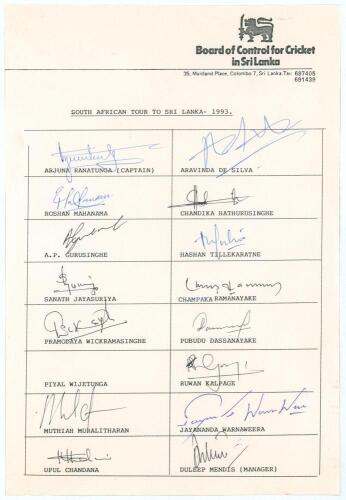 Sri Lanka. &lsquo;South African Tour to Sri Lanka 1993&rsquo;. Official Board of Control for Cricket in Sri Lanka autograph sheet with printed title and players&rsquo; names. Signed by sixteen of the listed members of the Sri Lanka team and the manager, Duleep Mendis. Play