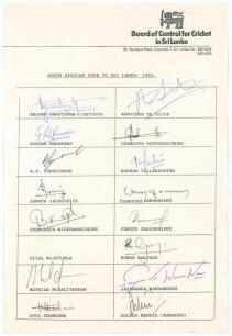 Sri Lanka. &lsquo;South African Tour to Sri Lanka 1993&rsquo;. Official Board of Control for Cricket in Sri Lanka autograph sheet with printed title and players&rsquo; names. Signed by sixteen of the listed members of the Sri Lanka team and the manager, Duleep Mendis. Play
