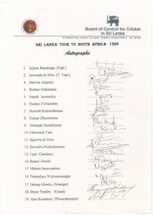 Sri Lanka tour to South Africa 1997/98. Official autograph sheet with printed title and players&rsquo; names, fully signed in ink by all nineteen listed members of the Sri Lanka touring party. Players&rsquo; signatures are Ranatunga (Captain), A. de Silva, Atapattu, 