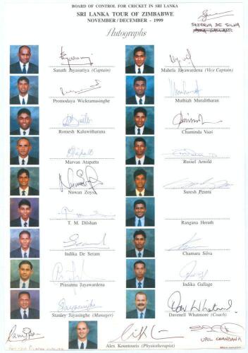 Sri Lanka tour to Zimbabwe 1999/2000. Official Board of Control for Cricket in Sri Lanka autograph sheet with printed title, players&rsquo; names and colour portrait images. Signed by twenty of the listed members of the Sri Lanka team and officials. Players&rsquo; si