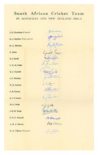 South Africa 1952/53. Large official autograph sheet for the South African tour of Australia and New Zealand 1952/53. Fully signed with sixteen signatures in ink including Cheetham (Captain), McLean, McGlew, Tayfield, Endean, Mansell, Fuller, Innes, Keith