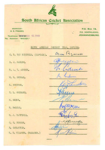 South Africa v Australia 1957/58. South African Cricket Association sheet signed by the South African team who played Australia in South Africa. Twelve signatures, nicely signed in ink and biro, including Van Ryneveld (Cpt), McGlew, Tayfield, Adcock, Hein