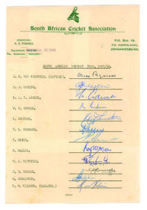 South Africa v Australia 1957/58. South African Cricket Association sheet signed by the South African team who played Australia in South Africa. Twelve signatures, nicely signed in ink and biro, including Van Ryneveld (Cpt), McGlew, Tayfield, Adcock, Hein