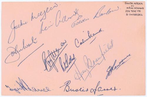 South Africa v New Zealand 1961/62. Album page signed by the eleven members of the South Africa team for the 5th Test at Port Elizabeth, 16th- 20th February 1962. Signatures are McGlew (Captain), Adcock, Barlow, Waite, McLean, Bland, Pollock, Bromfield, L
