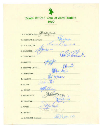 South Africa tour to England 1960. Official autograph sheet fully signed in ink and biro by all sixteen members of the South Africa touring party. Players&rsquo; signatures include McGlew (Captain), Goddard, Adcock, Duckworth, Fellows-Smith, Pithey, Pothecary, 