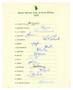 South Africa tour to England 1960. Official autograph sheet fully signed in ink and biro by all sixteen members of the South Africa touring party. Players&rsquo; signatures include McGlew (Captain), Goddard, Adcock, Duckworth, Fellows-Smith, Pithey, Pothecary, 