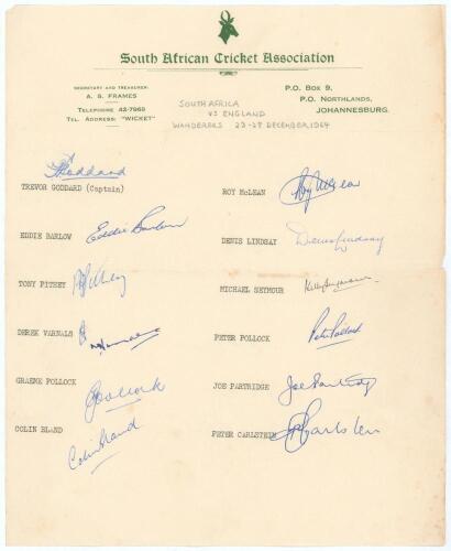 South Africa v England 1964/65. Official South African Cricket Association autograph sheet with printed title and players&rsquo; names, fully signed by the twelve members of the South Africa team for the 2nd Test at the Wanderers, Johannesburg 23rd- 29th Decemb