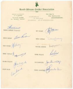 South Africa v England 1964/65. Official South African Cricket Association autograph sheet with printed title and players&rsquo; names, fully signed by the twelve members of the South Africa team for the 2nd Test at the Wanderers, Johannesburg 23rd- 29th Decemb