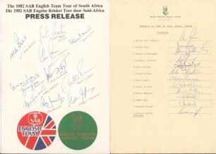 England &lsquo;Rebel&rsquo; tour to South Africa 1982. Official &lsquo;Press Release&rsquo; sheet signed in ink by eleven members of the South African team with names annotated in pencil below each signature. Signatures are Procter, Kirsten, Kourie, Rice, Pollock, Cook, van der 