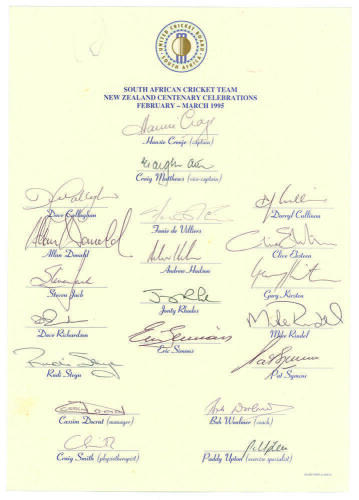 South Africa tour of New Zealand 1995 (Centenary Celebrations). Official autograph sheet fully signed in ink by all seventeen members of the South Africa touring party. Players&rsquo; signatures include Cronje (Captain), Matthews, de Villiers, Cullinan, Donald,