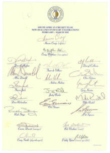South Africa tour of New Zealand 1995 (Centenary Celebrations). Official autograph sheet fully signed in ink by all seventeen members of the South Africa touring party. Players&rsquo; signatures include Cronje (Captain), Matthews, de Villiers, Cullinan, Donald,