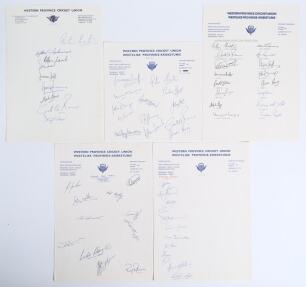 South African provincial cricket 1979/80- 1982/83. Five official Western Province Cricket Association autograph sheets. Three are of Western Province teams for seasons 1979/80 (9 signatures), 1981/82 (13) and 1982/83 (16). Players&rsquo; signatures include P. K