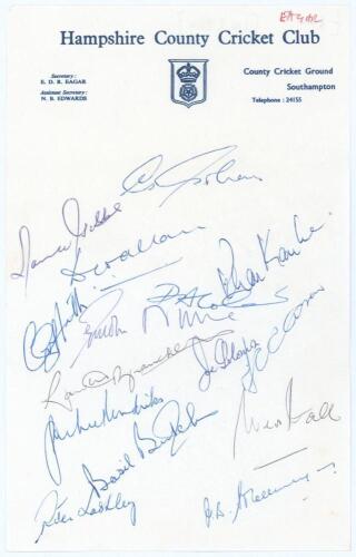 West Indies tour to England 1966. Page on Hampshire C.C.C. headed paper, signed in ink by fourteen members of the West Indies touring party. Signatures are Sobers (Captain), Gibbs, Allan, Kanhai, Cohen, Griffith, Nurse, Brancker, Solomon, Carew, Butcher, 