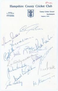 West Indies tour to England 1966. Page on Hampshire C.C.C. headed paper, signed in ink by fourteen members of the West Indies touring party. Signatures are Sobers (Captain), Gibbs, Allan, Kanhai, Cohen, Griffith, Nurse, Brancker, Solomon, Carew, Butcher, 