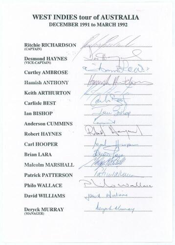 West Indies tour to Australia 1991/92. Autograph sheet with printed title and players&rsquo; names, fully signed in ink by all sixteen listed members of the West Indies touring party. Signatures are Richardson (Captain), D. Haynes, Ambrose, Anthony, Arthurton, 