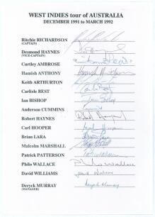 West Indies tour to Australia 1991/92. Autograph sheet with printed title and players&rsquo; names, fully signed in ink by all sixteen listed members of the West Indies touring party. Signatures are Richardson (Captain), D. Haynes, Ambrose, Anthony, Arthurton, 
