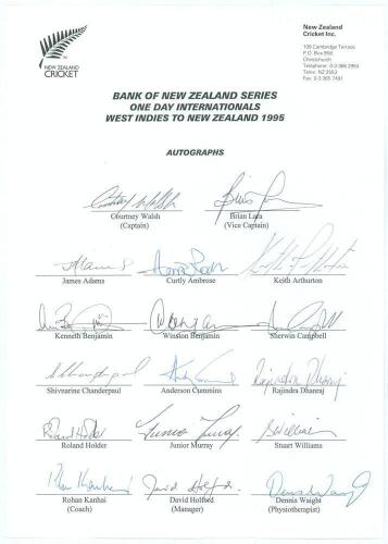 West Indies tour to New Zealand 1994/95. Official New Zealand Cricket autograph sheet with printed title and players&rsquo; names, fully signed in ink by all seventeen listed members of the West Indies touring party. Players&rsquo; signatures are Walsh (Captain), Lar