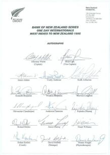 West Indies tour to New Zealand 1994/95. Official New Zealand Cricket autograph sheet with printed title and players&rsquo; names, fully signed in ink by all seventeen listed members of the West Indies touring party. Players&rsquo; signatures are Walsh (Captain), Lar
