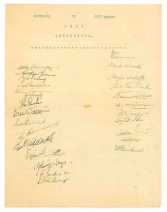 West Indies v Australia, Kensington Oval, Bridgetown, 14th, 16th, 17th, 18th, 19th, 20th May 1955. Typed autograph sheet with ink signatures of the two team in vertical rows to either side of the sheet. Twenty six ink signatures, fifteen of the Australian