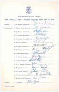 New Zealand tour to England 1969. Official New Zealand Cricket Council autograph sheet with printed title and players&rsquo; names, fully signed in ink by all seventeen listed members of the New Zealand touring party. Signatures are Dowling (Captain), Pollard, 