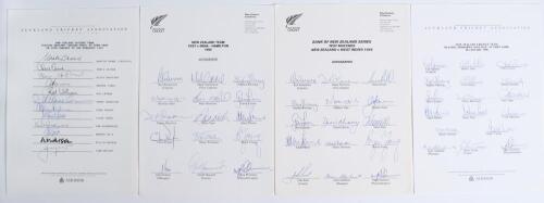 New Zealand home Test and one-day international matches 1991/92 to 1995/96. Four official autograph sheets, all fully signed by the listed players. Matches are 2nd Test v England, Eden Park, Auckland 30th January- 3rd February 1992 (12 signatures), only T