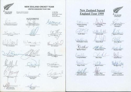 New Zealand tours to England 1994 & 1999. Two official autograph sheets, one for the 1994 tour fully signed by all twenty members of the New Zealand touring party, the other for the 1999 tour fully signed by twenty one. Signatures include Rutherford, Lars