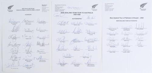 New Zealand tours 1994/95 to 2002. Three official autograph sheets, all fully signed, some with additional signatures to originally named tour members. Tours are 1994/95 to India & South Africa (20 signatures), 1997/98 to Australia (20), and 2002 to Pakis