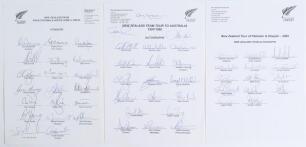 New Zealand tours 1994/95 to 2002. Three official autograph sheets, all fully signed, some with additional signatures to originally named tour members. Tours are 1994/95 to India & South Africa (20 signatures), 1997/98 to Australia (20), and 2002 to Pakis