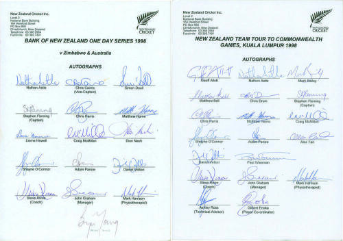 New Zealand tour of Kuala Lumpur 1998. Official autograph sheet for the New Zealand tour to the Commonwealth Games in Kuala Lumpur 1998. Nineteen signatures including Allott, Astle, Fleming, Vettori, Parore, Bell, O&rsquo;Connor etc. Plus another official autog
