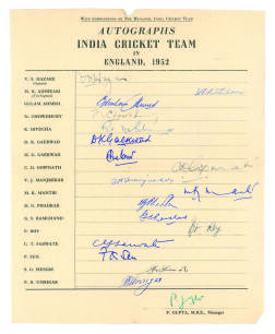 India Cricket Team in England 1952. Rare official autograph sheet, with printed title and players&rsquo; names, fully signed in various shades of blue ink by all eighteen members of the India touring party including the P. Gupta. Players&rsquo; signatures include V.S